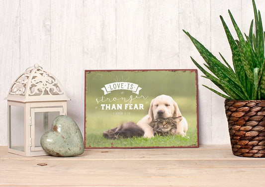 Sonstiges                                          Metallschild Love is stronger than fear